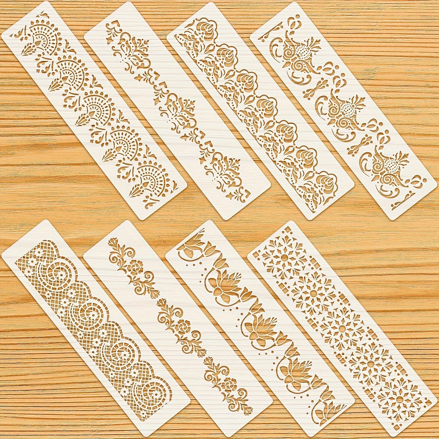 

8-piece Elegant Border & Floral Stencil Set For Cake Decorating - Reusable Art And Craft Templates With Lace Edges, Perfect For Wood, Canvas, Paper, And Fabric Painting