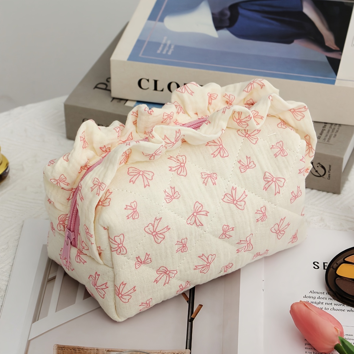 Image of 1pc Beige Quilted Cosmetic Bag With Trim & Bow Accent - Foldable Travel Organizer, Zippered Toiletry Bag Suitable For Phone Case, Fashion Glasses Storage - Polyester Multi- Pouch