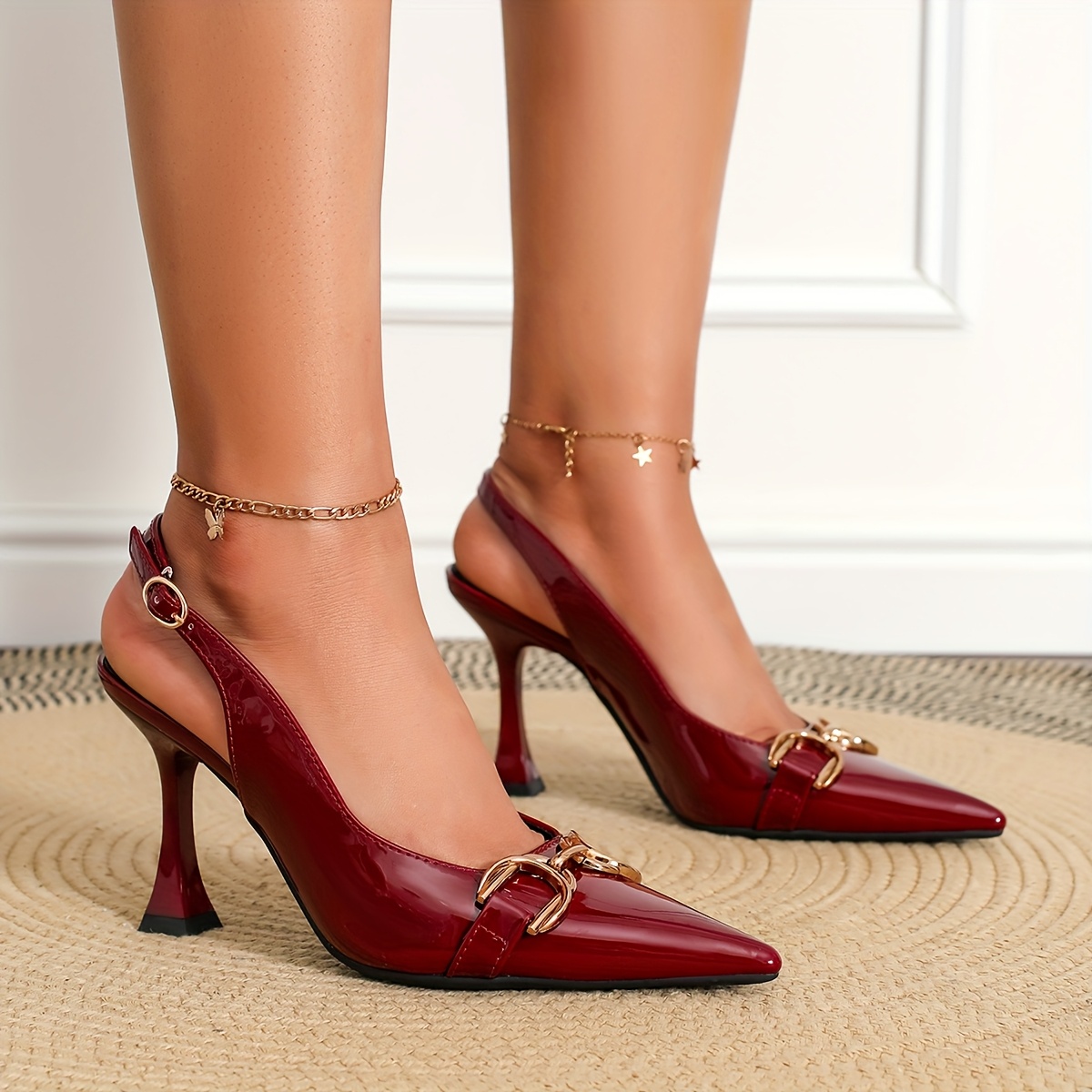 1 Pair Elegant Solid Color Pointed Toe Stiletto Pumps, Metal Buckle Accent, All-Season Slip-On High Heels for Weddings, Parties, and Work - TPU Sole, Man-Made Materials
