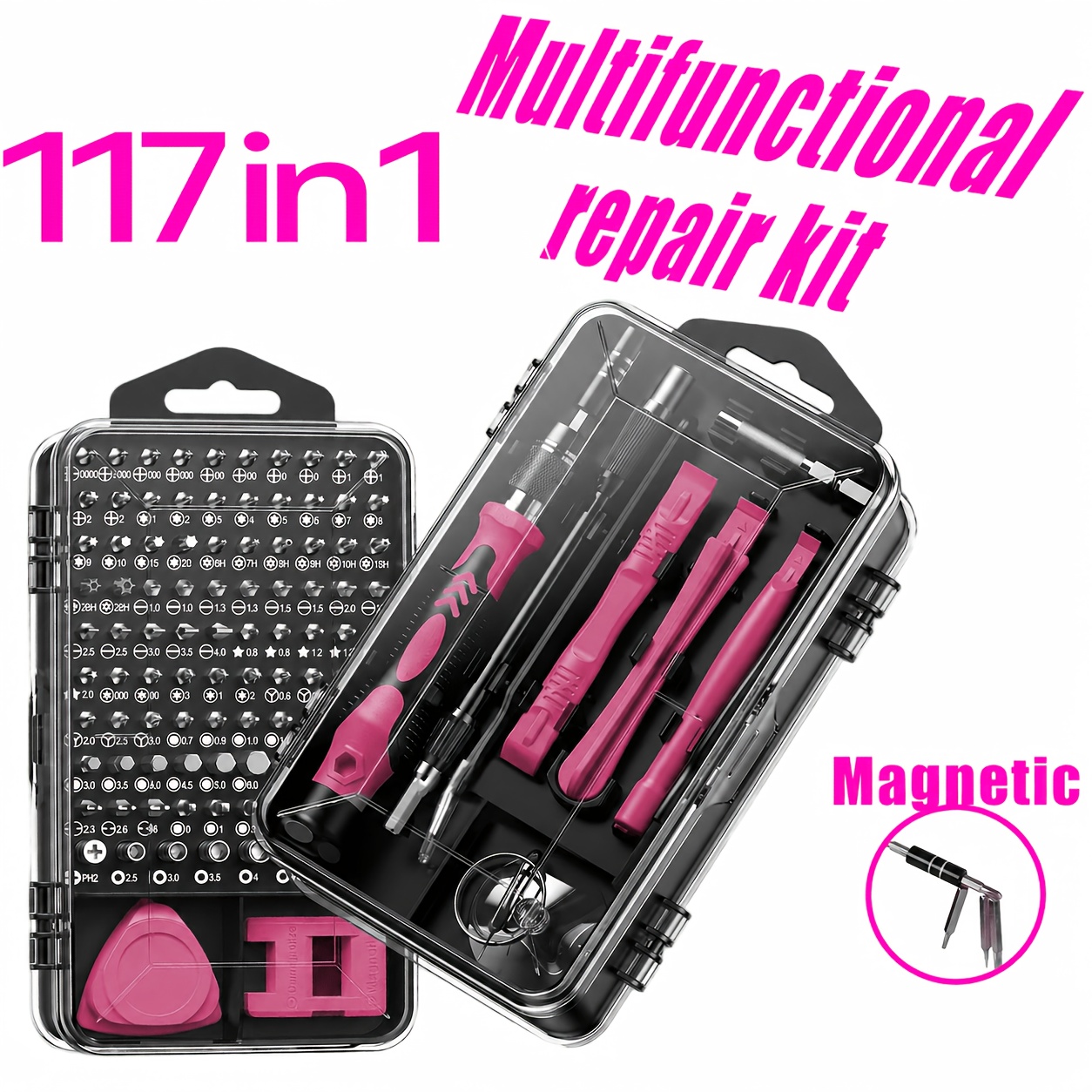 a 117 in 1 multifunction screwdriver set that allows for precise disassembly and can handle everything from phones to computers and watches   it     repair needs with strong magnetic bits and a non slip handle Product details 2