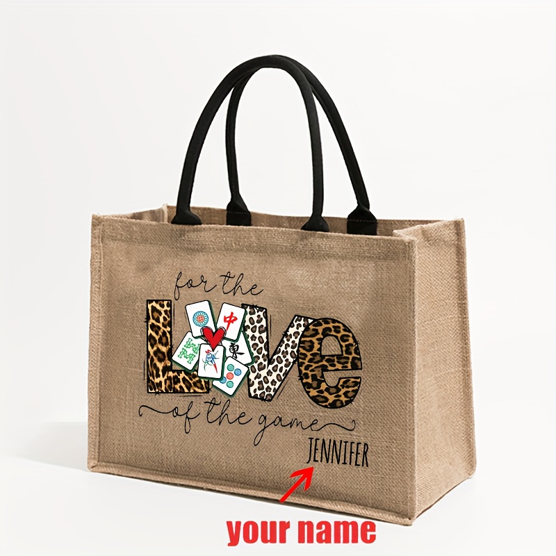 TEMU 1pc Personalized Mahjong Game Pattern Shopping Large Personalized Beach Bag Monogrammed Gift Tote Bag For Women Custom Gift For Mahjong Player