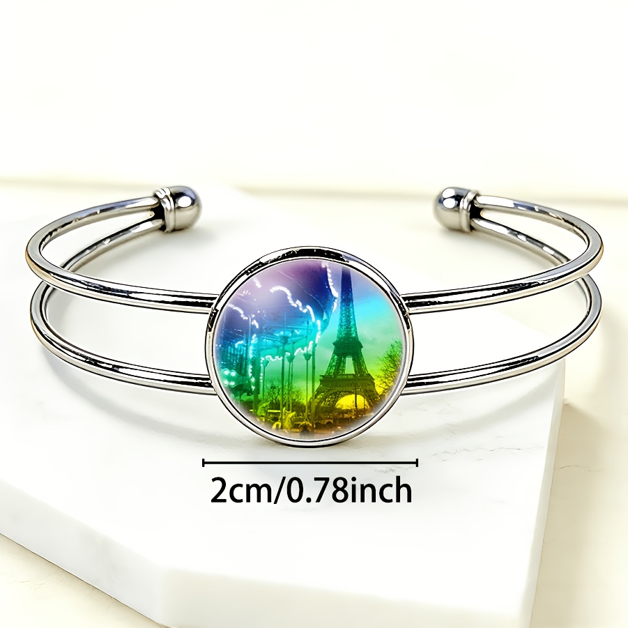 Women's Adjustable Open Bangle with Round Time Gemstone Inlay, Eiffel Tower Design