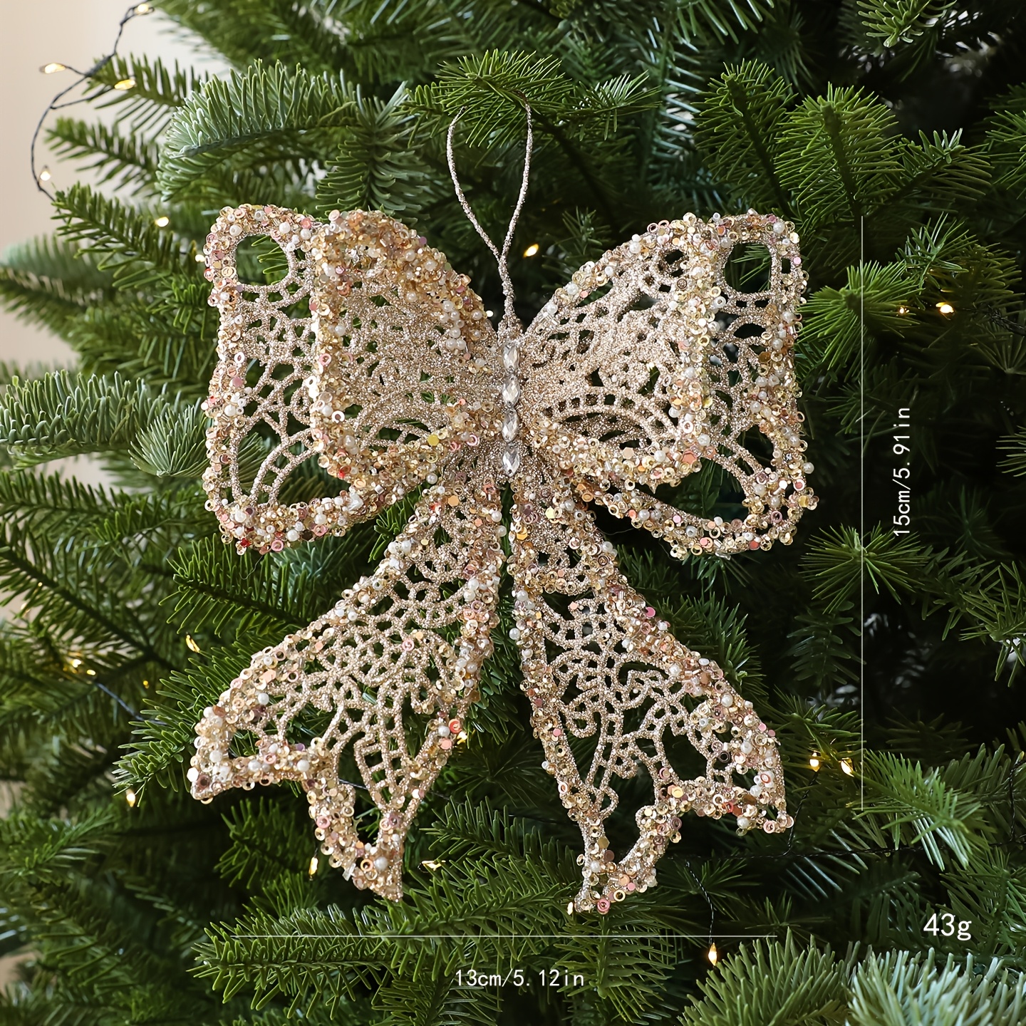 TEMU 1pc Wheat Ear Bow -shaped Pendant, Christmas Tree Light Luxury Holiday Decoration Hanging Ornament, Vintage Glitter Golden Christmas Hanging