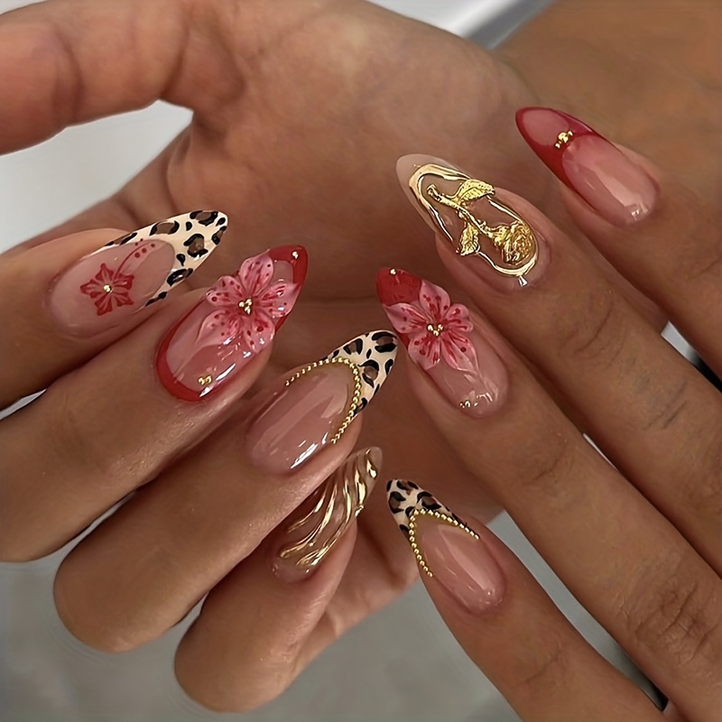 E-shop Leopard Press-On Nägel Mittelmandelform Falsche Nägel Wiederverwendbar Vollabdeckung mit 3D-Blumen & Goldener Linie Rosenstahlperlen Oberfläche