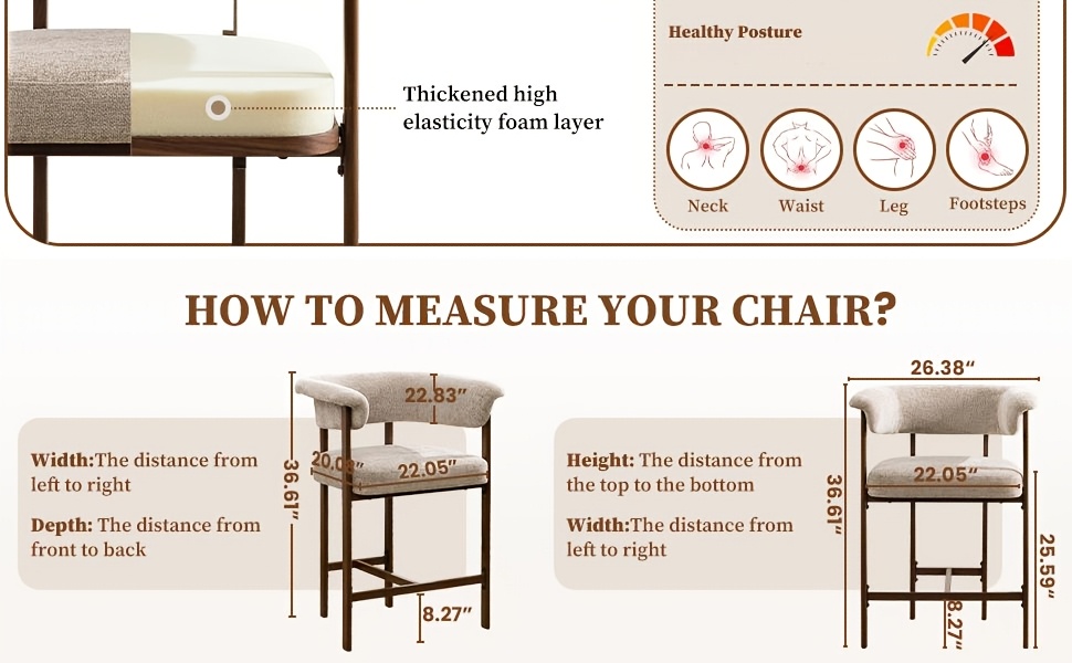 KERDOM 26'' Tall Bar Stools, Upholstered in Linen Fabric with Backrest And Footrest, Spacious Cushion Seat for Kitchen Islands, Dining High Chair for Restaurant Counters, Curved Back Support