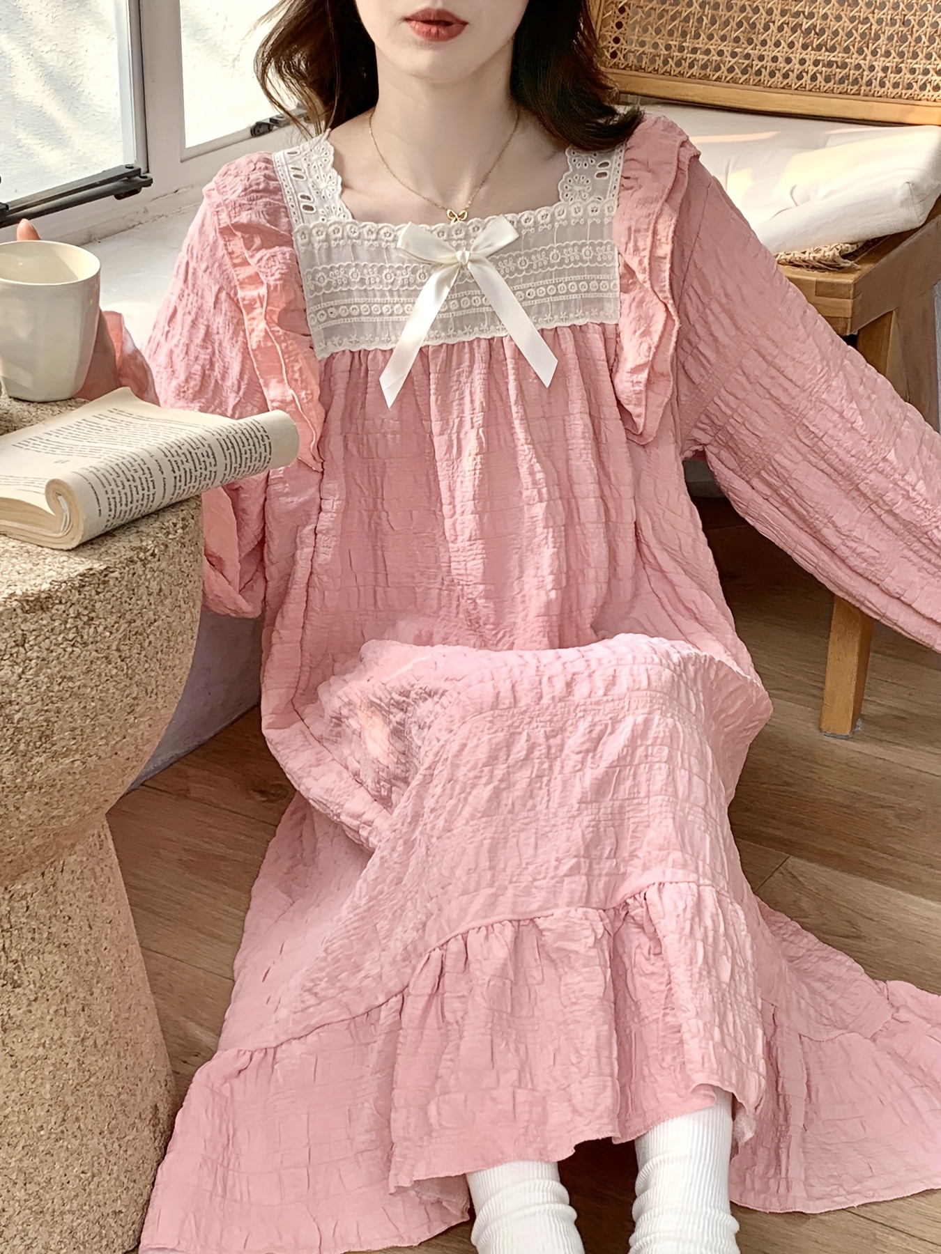 cute long sleeping dress Women Coral Fleece Nightgown Dress Cute Ear Cartoon Pajamas Sleep Wear Warm  Home