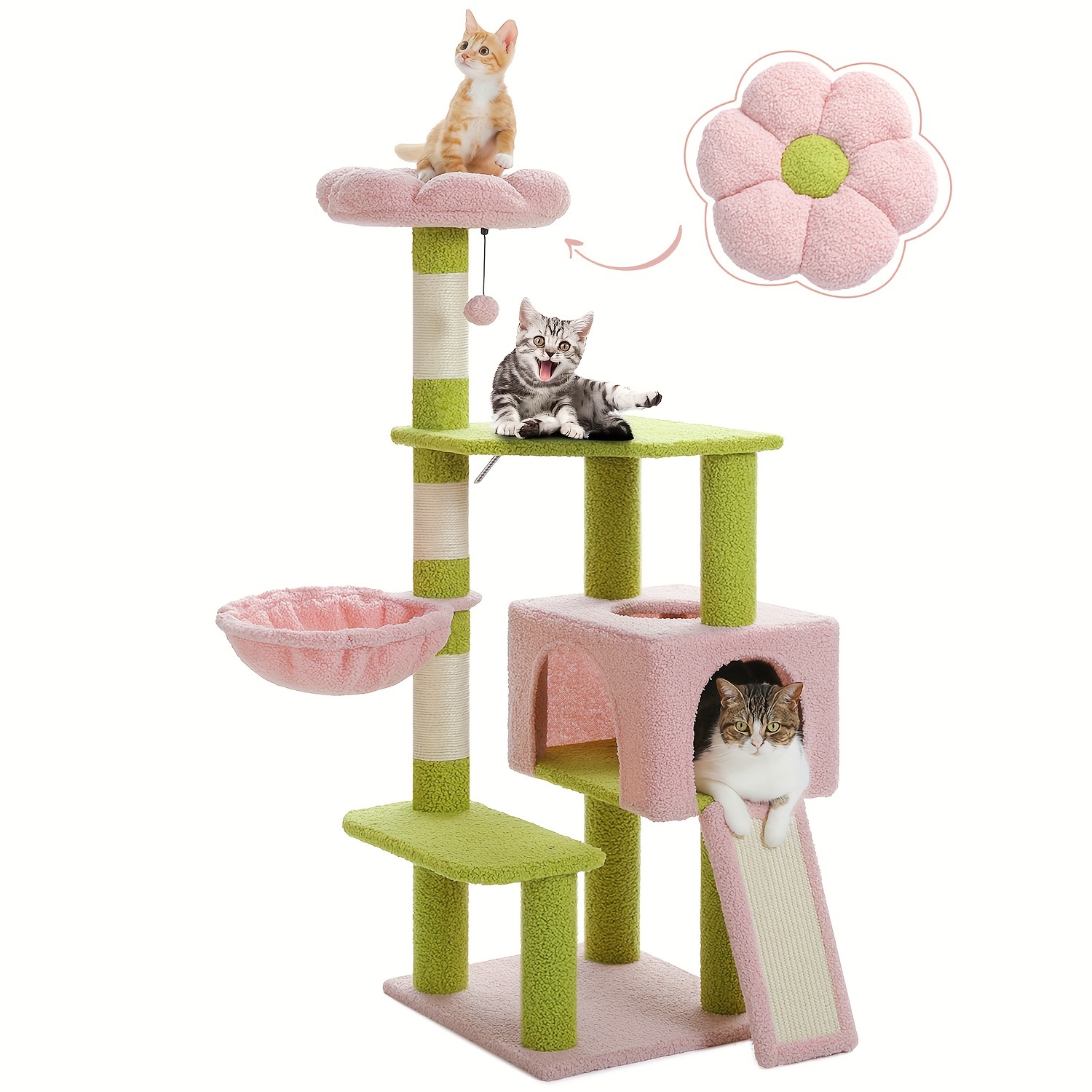 Deluxe 47" Cat Tree Tower With Hammock, Condo & Sisal Scratching Post - Indoor Playhouse For Cats, Basket Bed, Padded Platform
