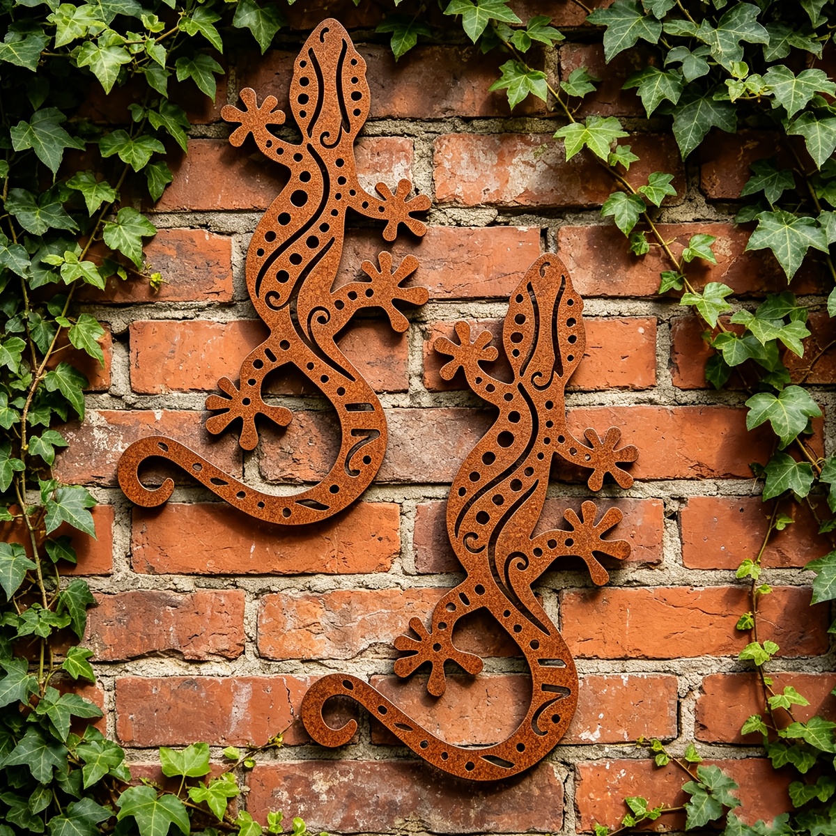 TEMU [2d Flat] 2pcs Rusty Metal Iguana Wall Decor Set, Outdoor Hollow-out Iguana Decoration, Vintage Metal Lizard Hanging Ornament, Suitable For