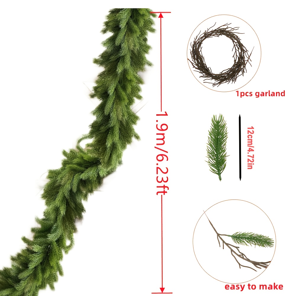 6.23ft Christmas Norfolk Pine Garland, Green Artificial Real Touch Cedar, For Mantle, Table, Stair Handrail, Indoor, Outdoor Christmas Decorations