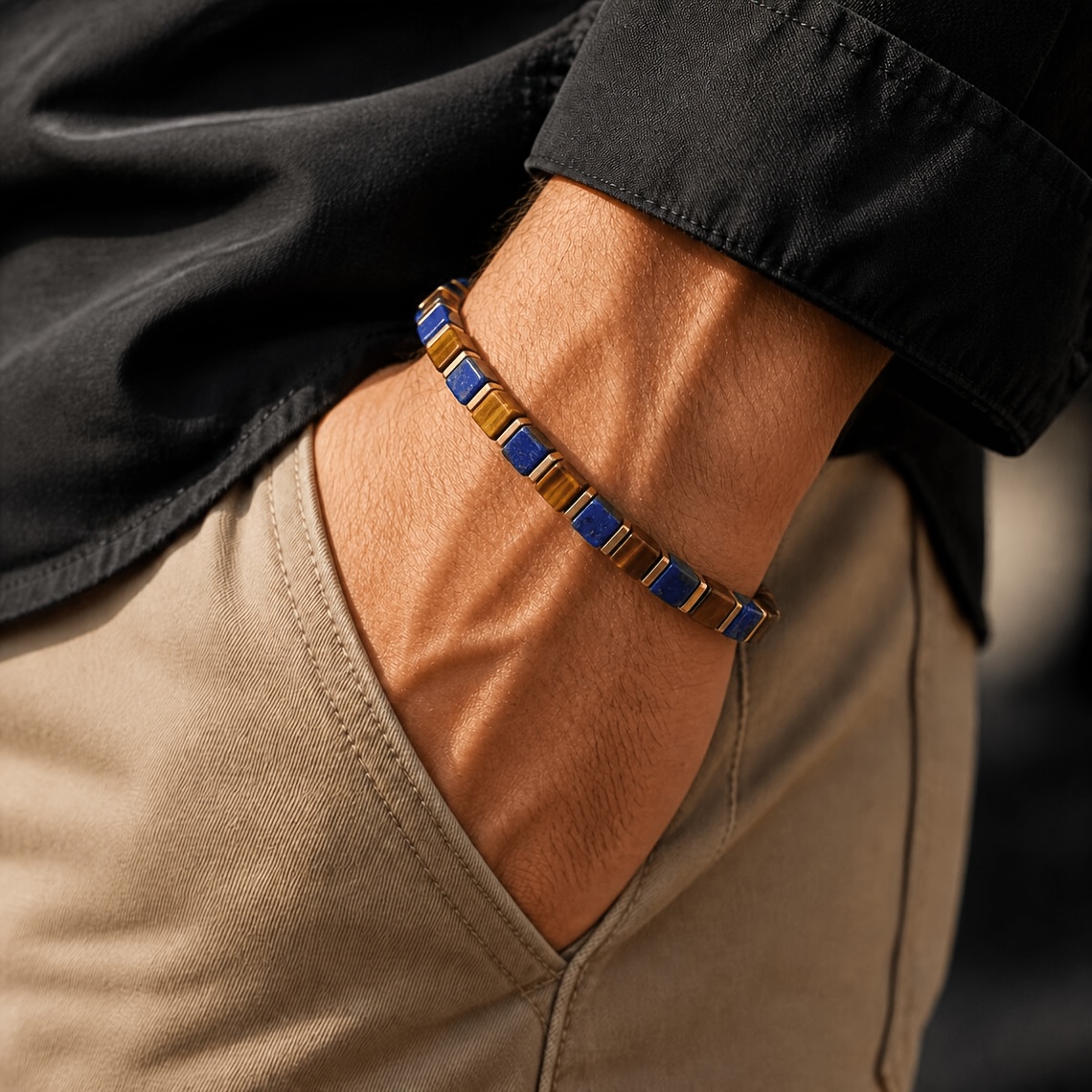 TEMU 4mm Square Tiger Eye And Bracelet With Plated Hematite | Adjustable Natural Stone Gift For Him