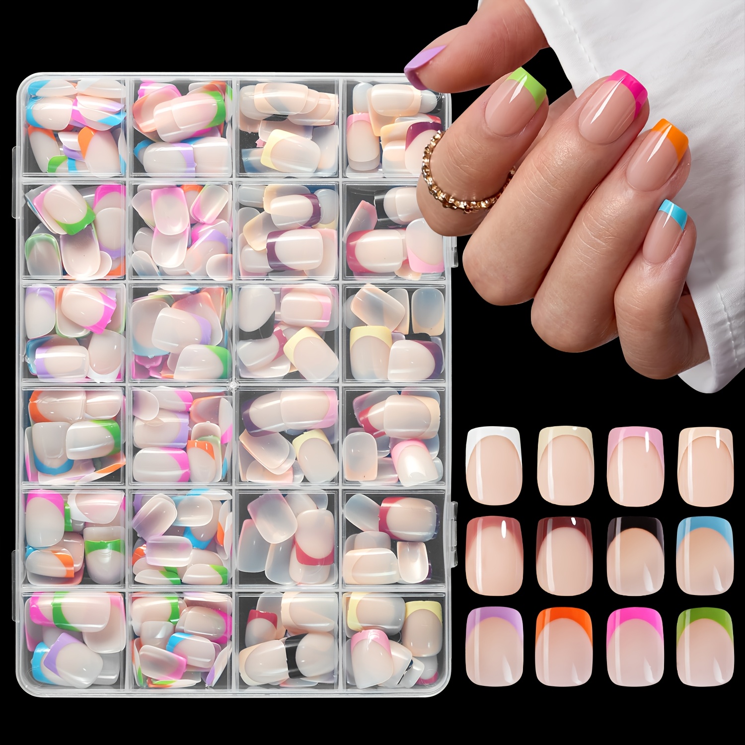E-shop Dieses Set enthält 288 Stück pro Box, minimalistische, quadratische französische Short Manicure Nägel mit voller Abdeckung in 12 trendigen