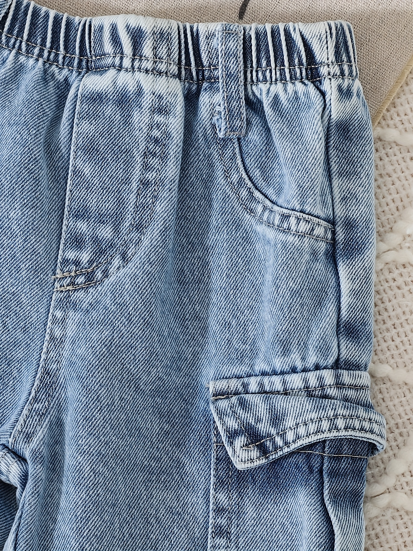 2pcs winter outfit set   patch sweater fringe hem jeans with elastic waist brown bear pocket pants machine washable clothes autumn winter casual playwear   outdoor Product details 15