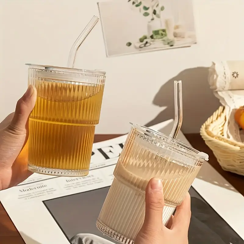 6pcs ribbed glassware glass cups with lids and straws dishwasher safety coffee cups with lids and straw sets reusable iced coffee cups for iced water milk tea Product details 2