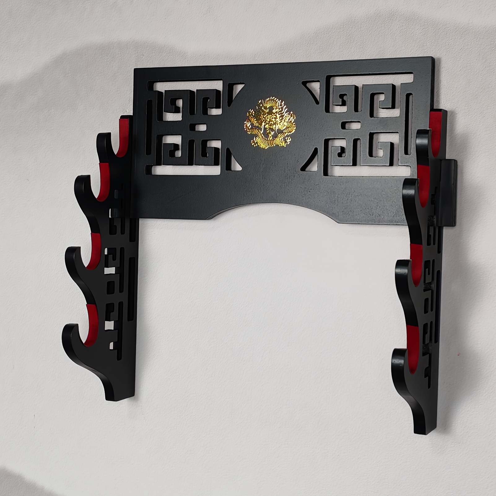 

Elegant Black Wooden Sword Rack With Red Accents, Dragon- Design – Wall-mounted Display Stand For Swords, Flutes, And More | Ideal Gift For Martial Arts Enthusiasts