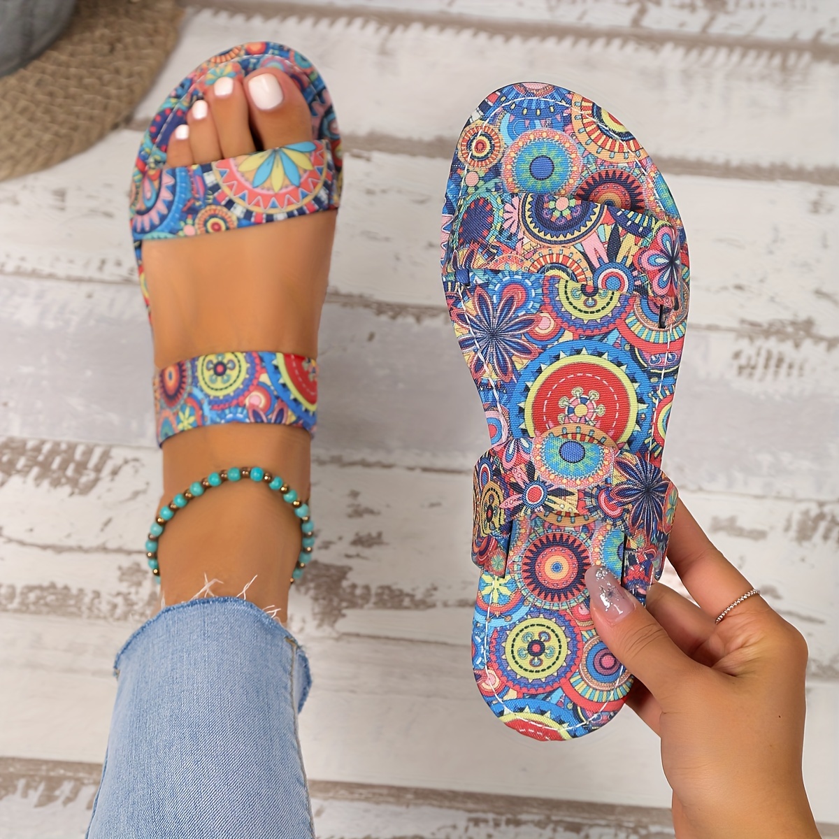 

Women's Flower Pattern Slide Sandals, Casual Open Toe Flat Summer Shoes, Lightweight Double Strap Slide Sandals