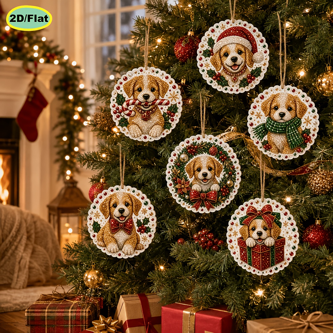 TEMU 2d Flat - 6pcs Set 5d Pearl Diamond Painting Wooden Tag Pendant 2d Flat Christmas Cute Puppy Pattern 3.07 X 3.07 Inch Christmas Tree Decorations