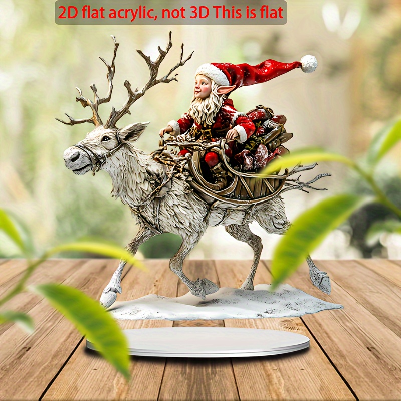 

Festive 2d Acrylic Santa And Reindeer Figurine: 19cm X 20cm, Perfect Gift For Home, Office, Or Garden Decor