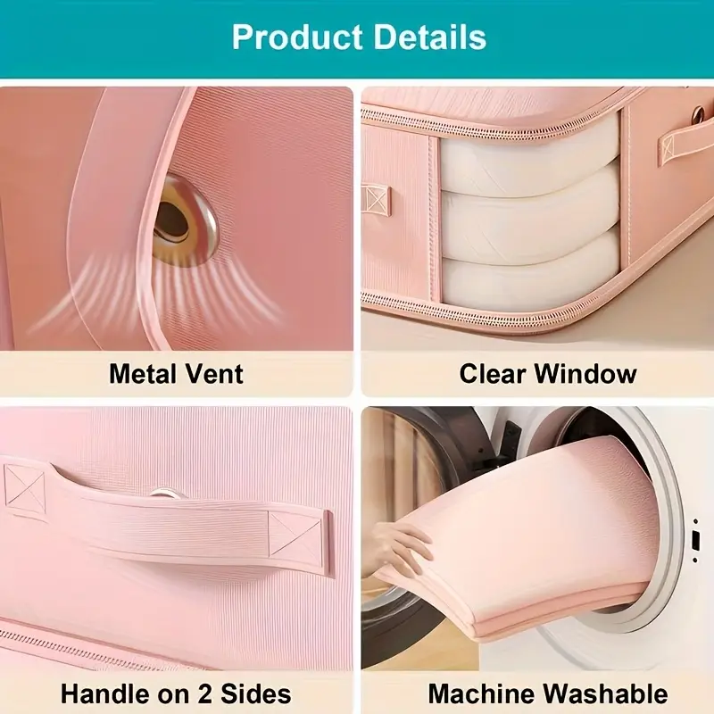 extra large capacity space saving compression storage bags with zipper closure heavy duty nylon organizer for clothes bedding travel stackable compression bags for home moving storage units     pink beige more ideal for closet under bed organization   space saver sturdy handle feature moving supplies   reinforced   home organizers Product details 1