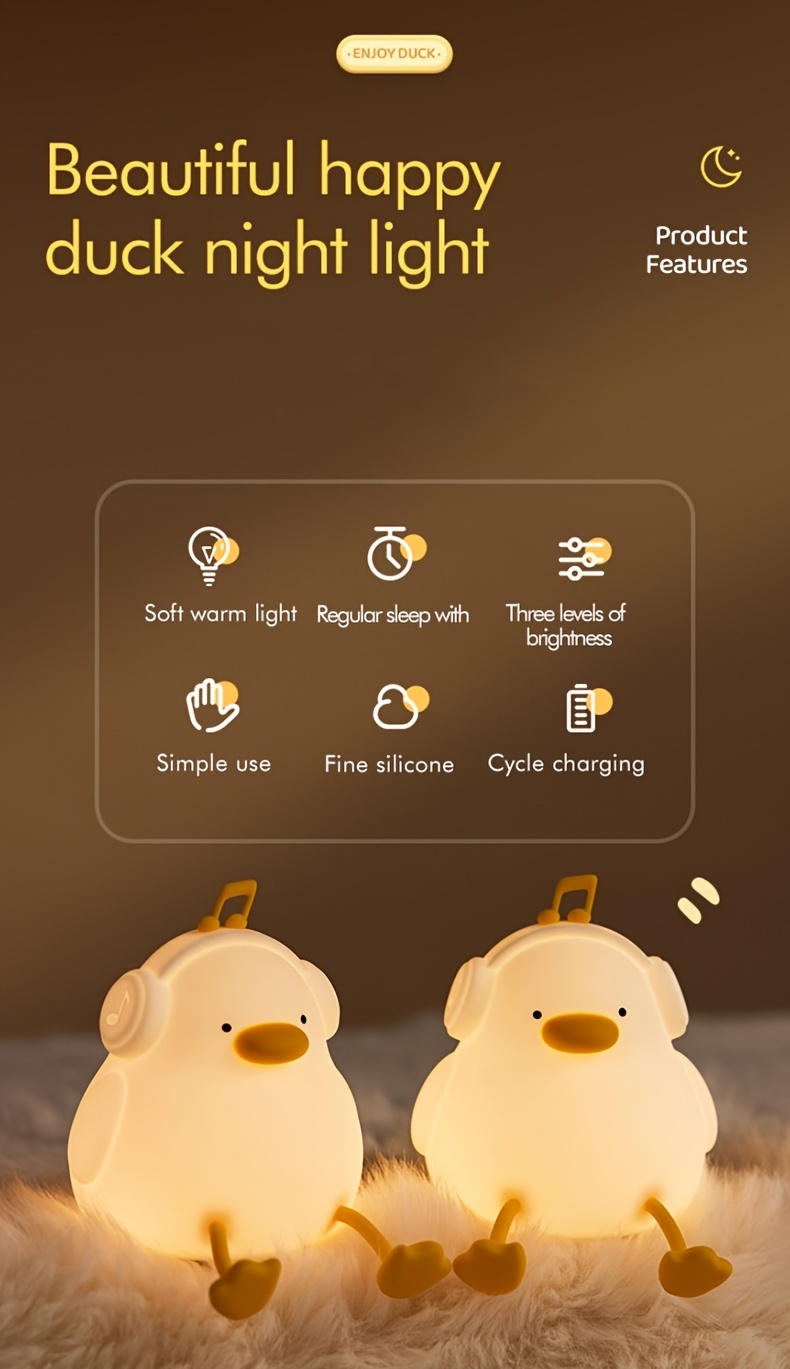 happy duck enjoy duck silicone night light smart patting light usb rechargeable   sleep   sensing atmosphere light three levels dimmable   room decoration christmas birthday gift animal cute duck light Product details 1