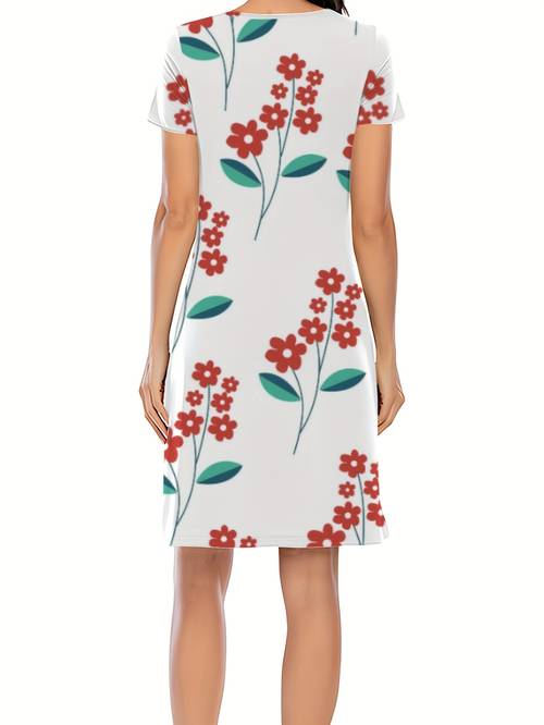 womens casual short sleeve cardigan dress soft breathable length dress with elastic waist v neck front button closure floral print red flowers green leaves on light washable relaxed fit attire leaf able wear