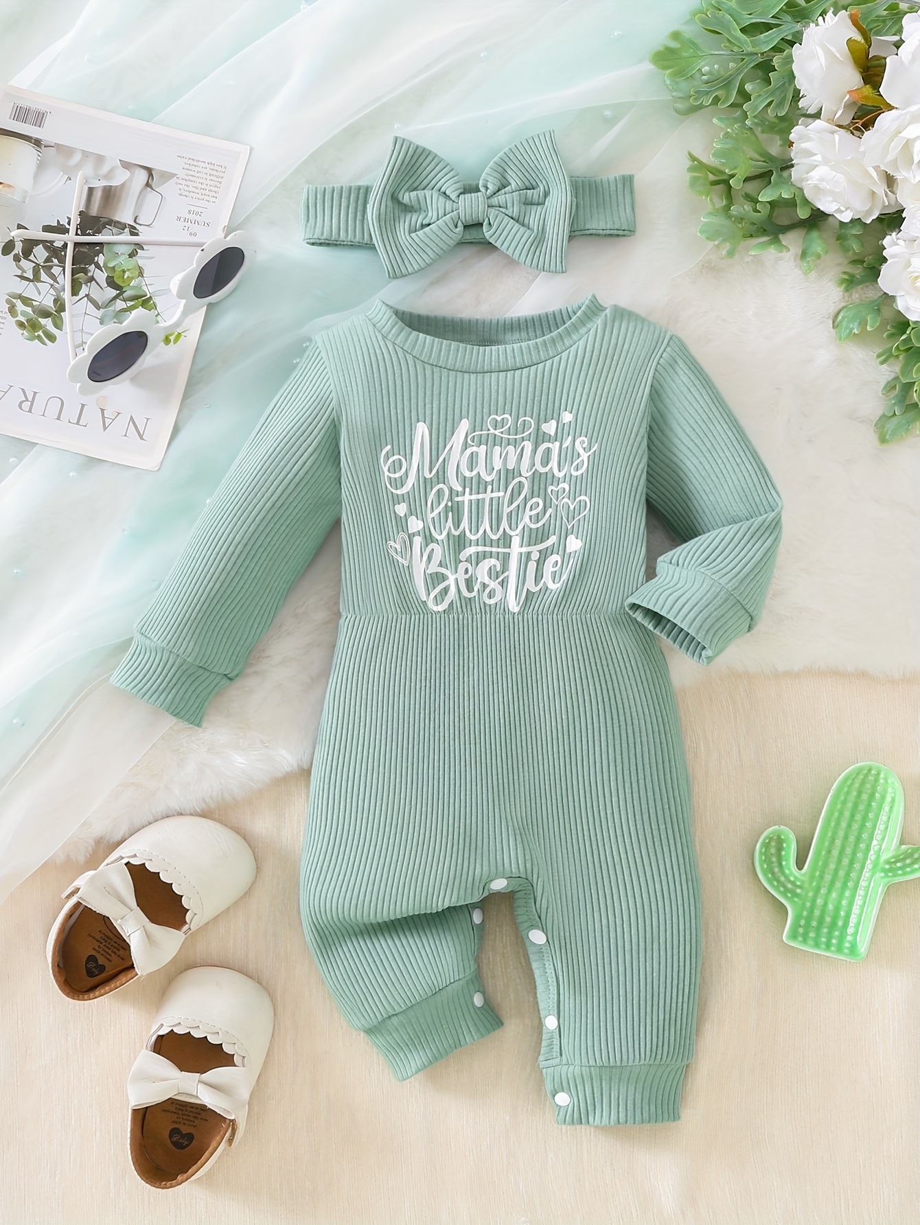 2pcs Newborn Baby Girl Ribbed Knit Romper with Letter Print and Headband Set,   Outdoor