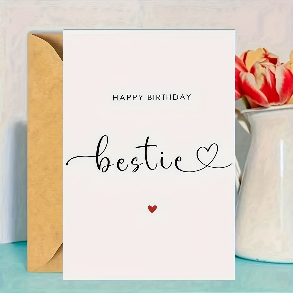 Fun Happy Birthday Card With Envelope - Cursive Bestie Design, Red Heart Accents, Perfect For , Party Decor, All Ages, Birthday Card