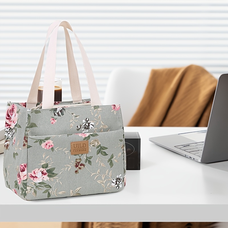 large capacity insulated lunch bag with aluminum foil waterproof     all day for work travel picnics floral canvas design details 9