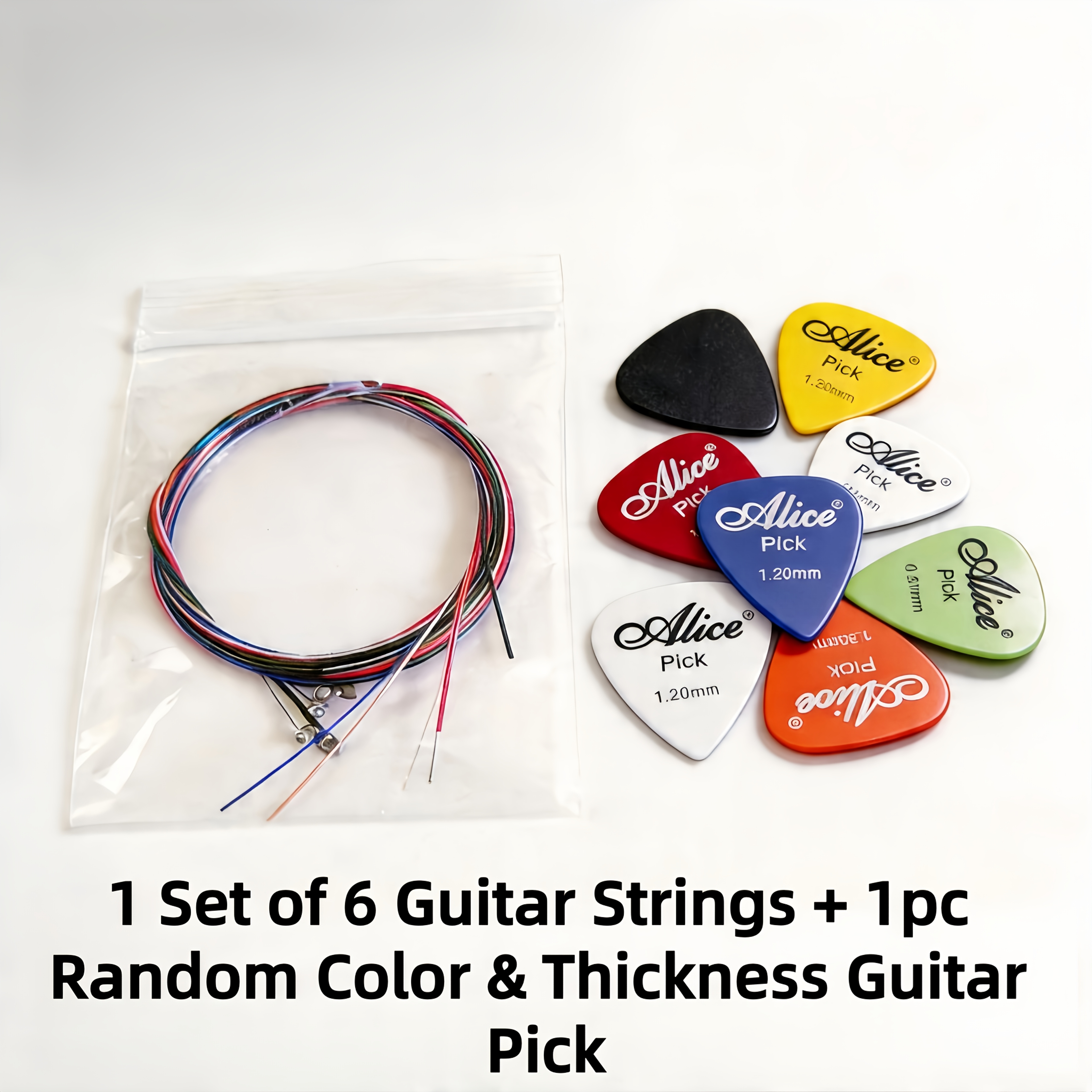 TEMU 6pcs/set Of Colorful Acoustic Guitar Strings, With 1pc Random Color And Thickness Guitar Pick, Universal Accessories For Folk & Classic Guitar