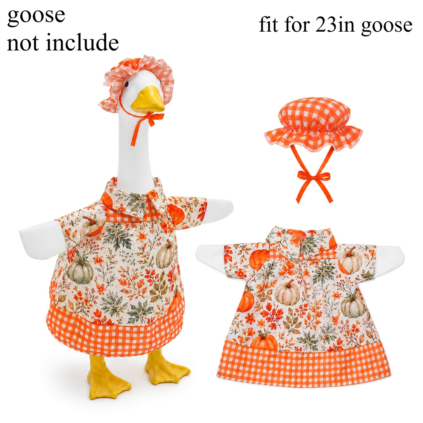 TEMU Ensemble d'automne pour oie de récolte à motif vichy citrouille, comprend un bonnet avec nœud vichy à bordure en dentelle, une robe à imprimé