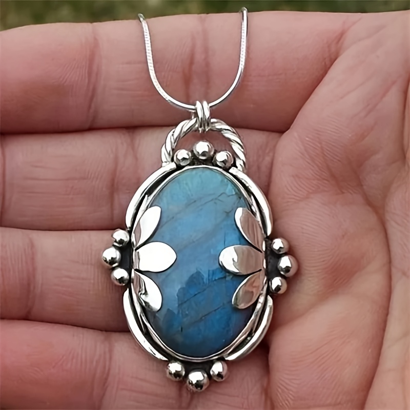 Image of 1pc Bohemian Blue Natural Stone Necklace - Smooth Oval Stone Pendant & Sweater Chain, Jewelry For, Wear For Parties, Vacations, Everyday Elegant Boho Accessories, For Teenager