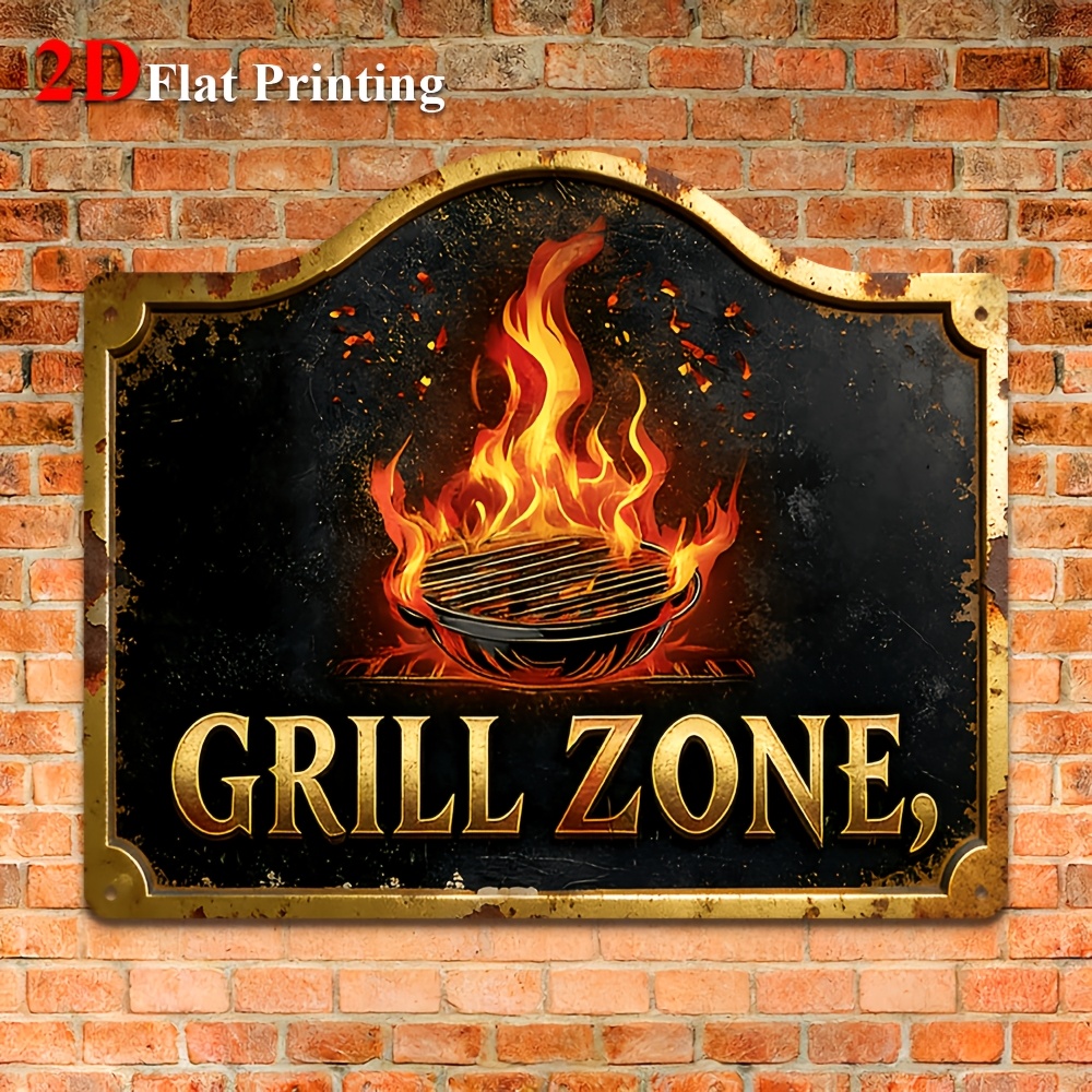 E-shop 2D Flat - ., 2D Flat, Blechschild Metall Eisenblech Malerei "Vintage Metallkunst Schild mit Flammen und Grill-Design, für Garten-Grillabende,