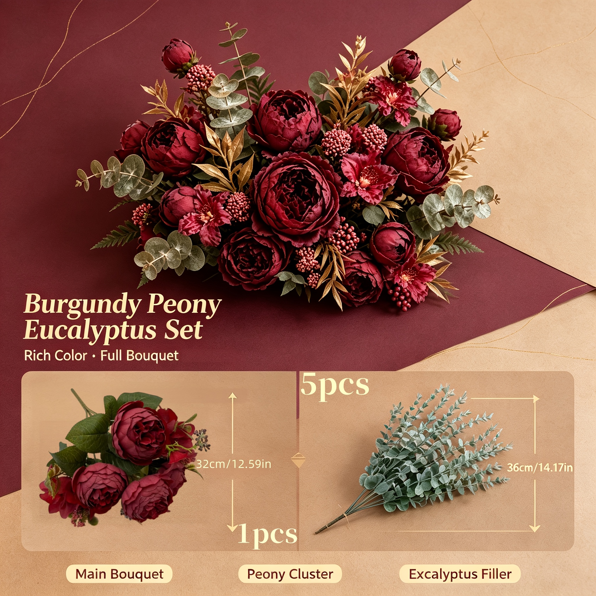 TEMU 6pcs Set Red Artificial Peony Bouquet + Premium Eucalyptus Leaves Mixed Floral Arrangement, Autumn/winter Wedding Bridal , Living Room Dining