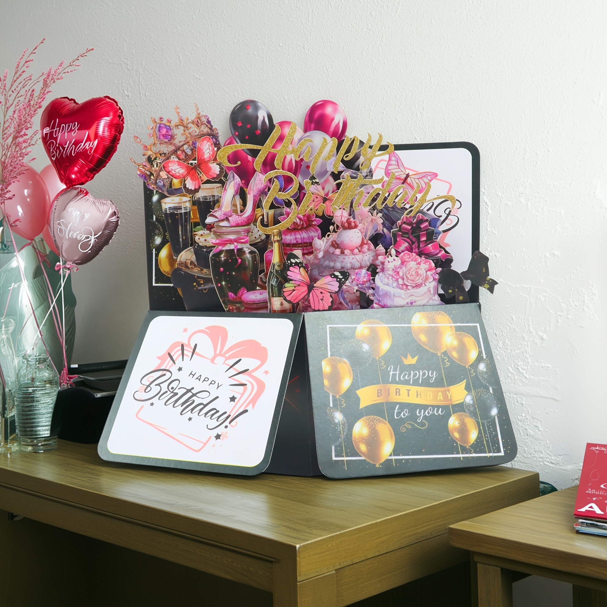 TEMU . Elegante 3D Geburtstagskarte mit Schmetterling- und Blumendesign - Lasergeschnittenes Papier, Schwarze und Pinke Ballons, Geeignet für Jeden -
