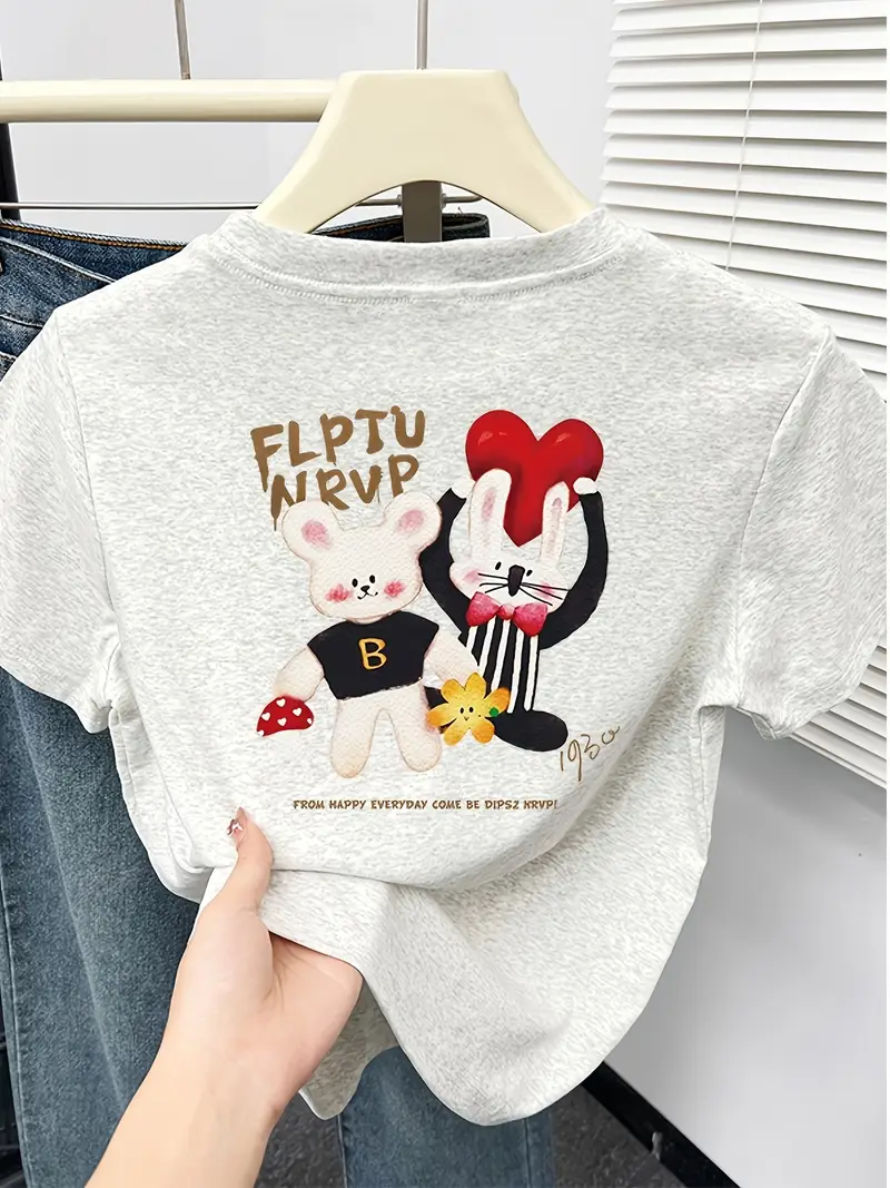 womens cartoon print t shirt short sleeve crew neck casual summer top with bunny lightweight breathable for casual attire everyday tshirt graphic tee Product details 4