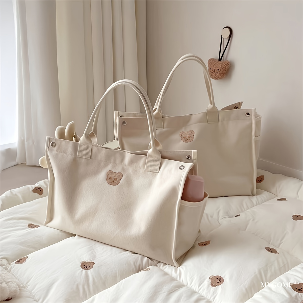 

Large Capacity Canvas Tote Bag, Outdoor Bear Embroidered Mommy Bag, Women's Casual Handbag & Purse