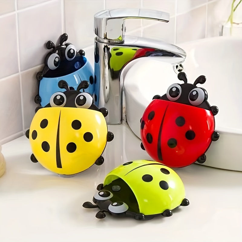 

1pc Cute Ladybug Cartoon Wall-mounted Toothbrush Holder, Plastic No-drill Bathroom Organizer With Suction Cup, Creative Storage For Toothpaste And Face Wash