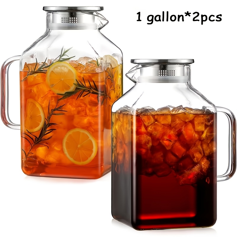 TEMU 1/2pcs Square Glass Pitcher With Lid, 1 Gallon Stainless Steel Cold Water Pitcher, Borosilicate Glass Jug For Hot And Cold Drinks, Handle