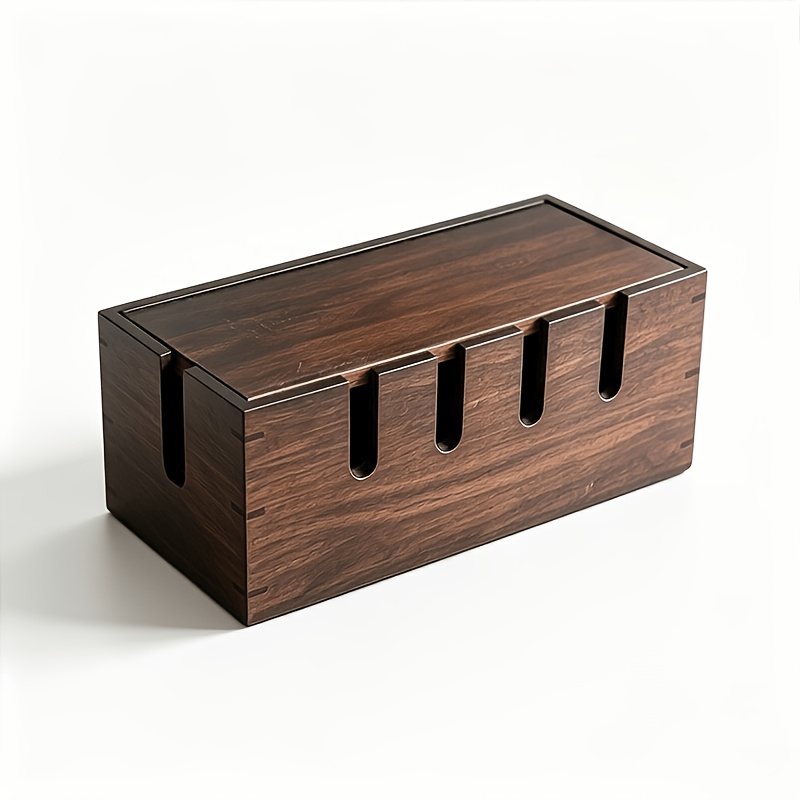 TEMU Walnut Wood Cable Organizer Box Multi-opening Cord Storage Holder Hidden Socket Cover Wire Concealer For Vanity Nightstand Bedroom Countertop