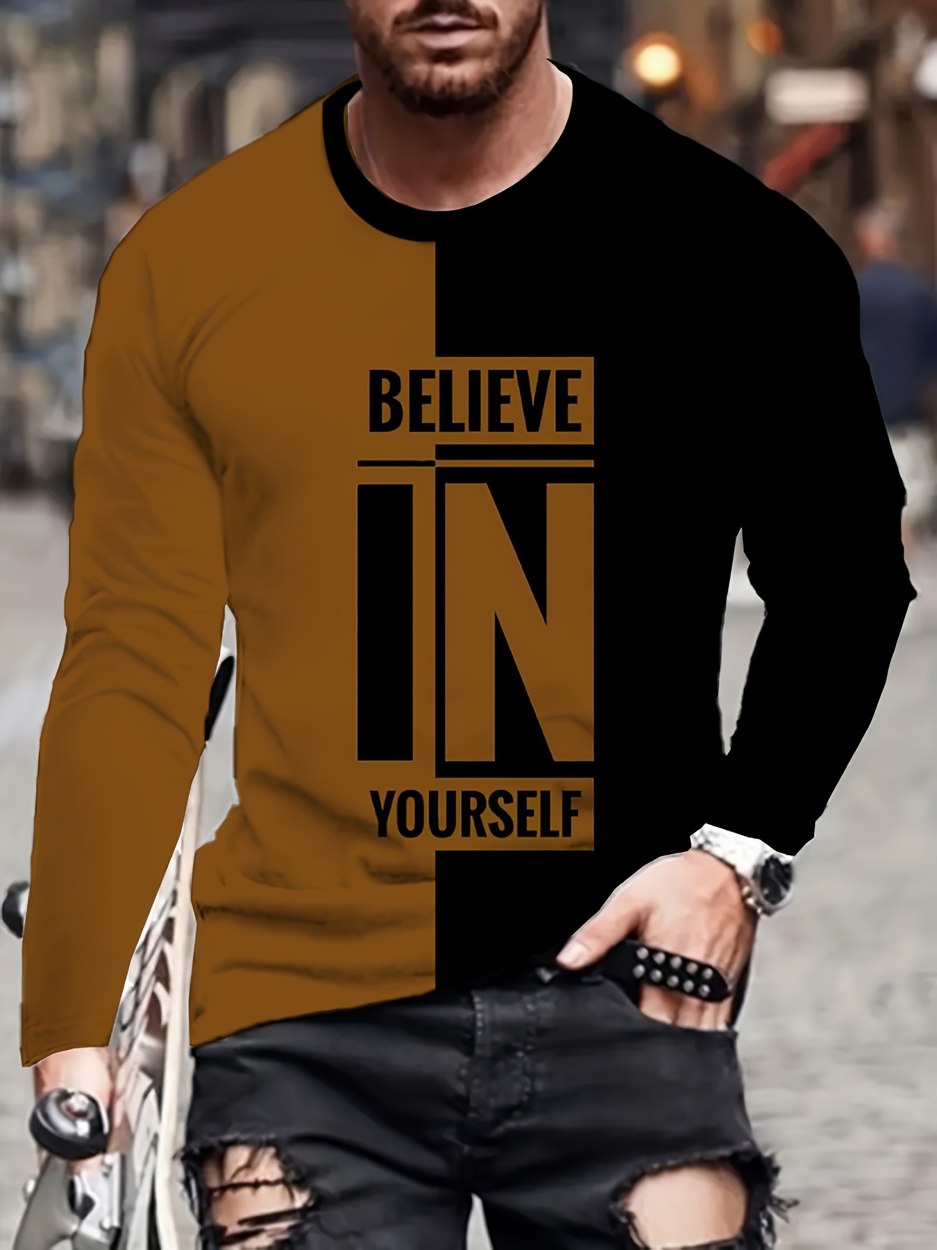 believe in yourself mens long sleeve crew neck t shirt 100 polyester casual pullover with graphic print   stretch fabric for   wear comfortable knit   for adults and teens   summer fall