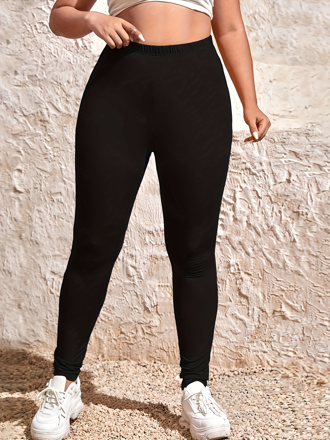 Plus Size High Waist Leggings for Women, Casual Stretchy Polyester Spandex Blend, Solid Color Skinny Knit Pants for All Seasons