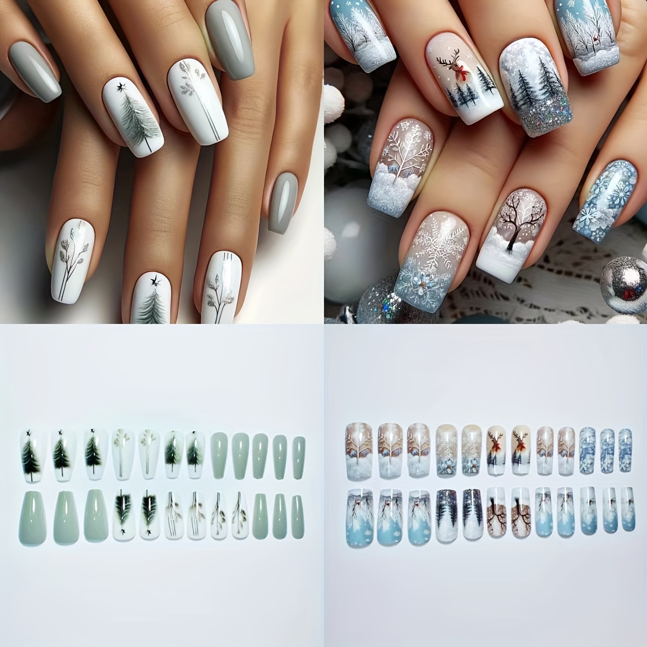 

48pcs Ballet Square False Nail Set, Mixed Color , Holiday With Snow, Pine Trees, Reindeer, Medium Length, For Women And Girls , Includes Nail File & Gel