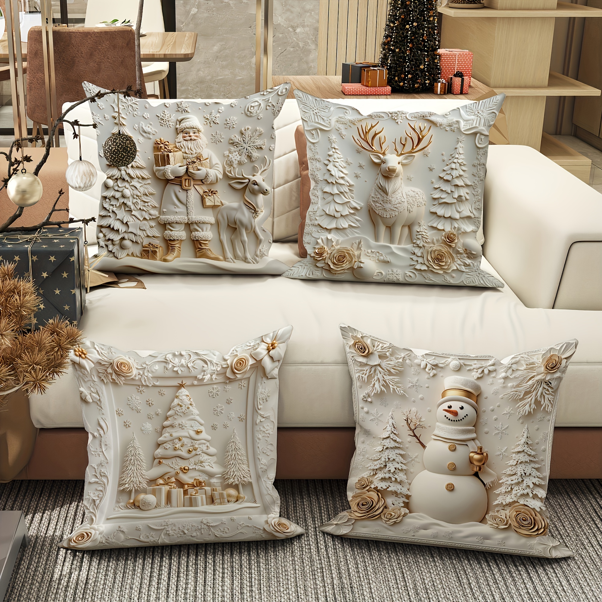 

4pcs Christmas Throw Pillow Covers Set - Santa, Snowman, Reindeer & Tree Designs | Comfortable Decorative Cushion Cases For Living Room & Bedroom | Machine Washable With Zipper Closure