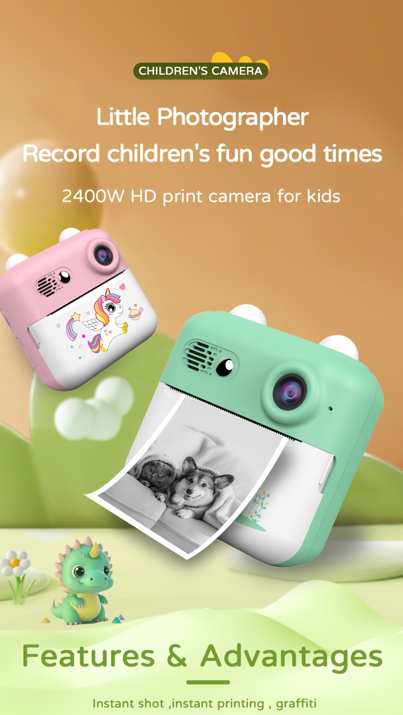 Kids Camera Instant Print, Selfie Digital Camera For Kids With Print Paper & Charging Cable, 2.5K Video & Instant Print Camera With Color Pens For DIY, Fun Gift For Girls Boys 3-12 Years Old (Cyan)