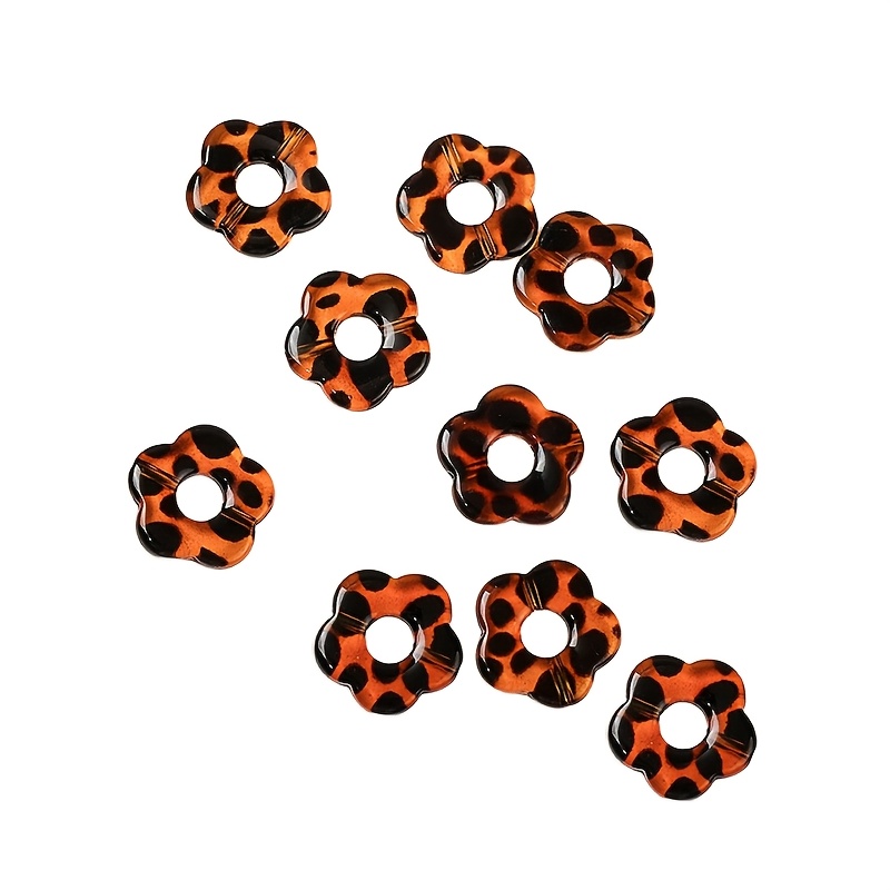 TEMU 10pcs Retro Leopard Print Hollow Flower Decorative Beads Brown Leopard Flower Charms Large Hole Beads Exquisite And Hair Additions Phone Case
