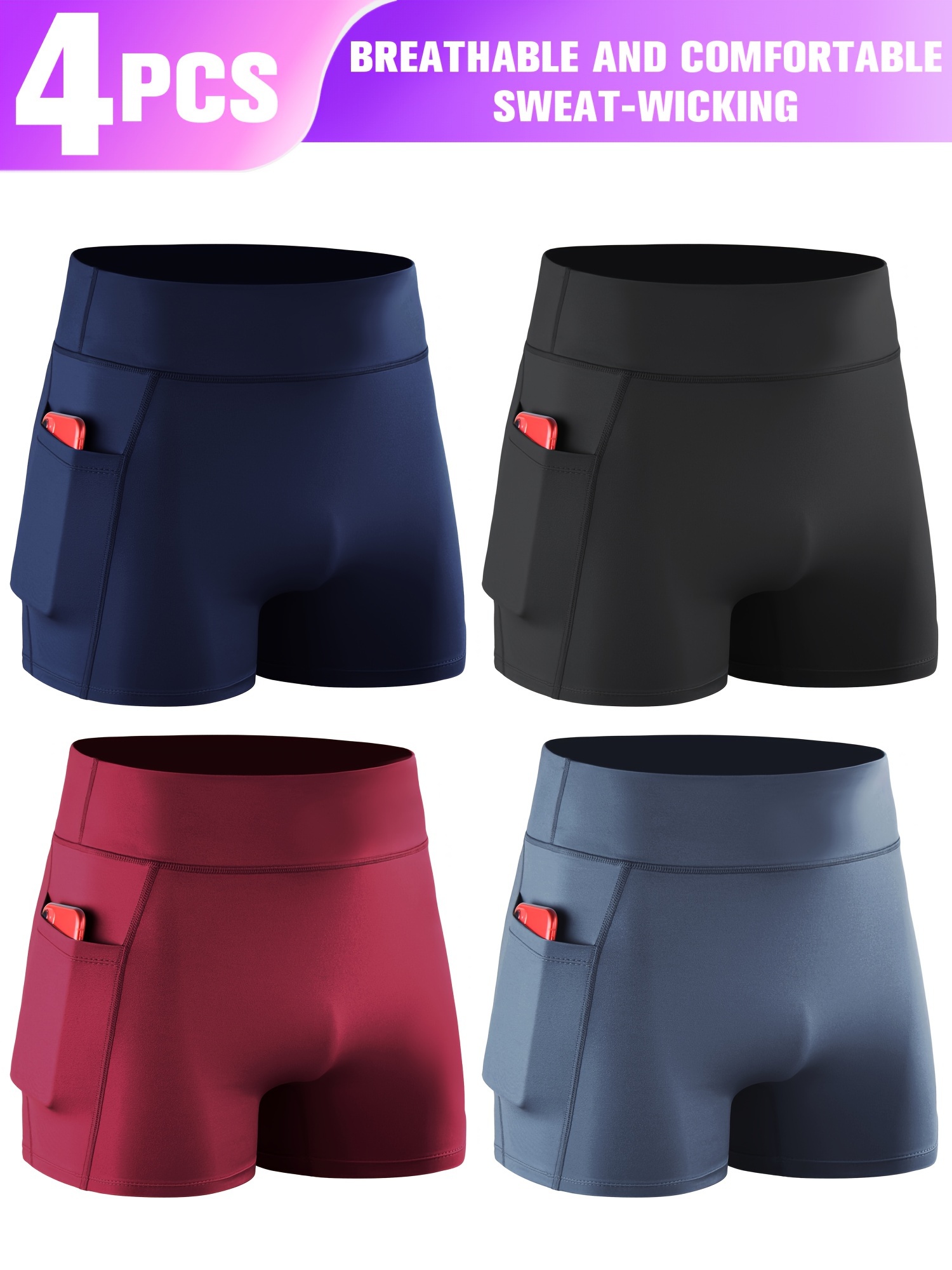 4pcs Men's Solid Compression Shorts With Side Pocket Design, Athletic High Stretch Base Layer Sportswear For Sports Activities