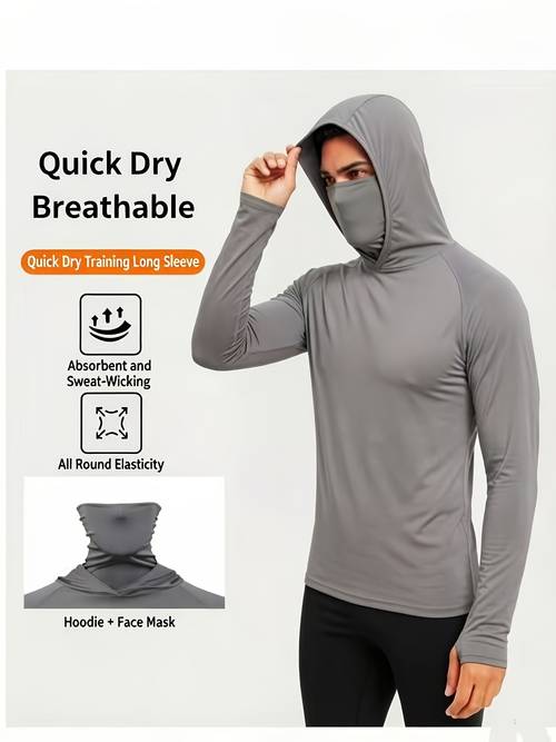 mens outdoor windproof long sleeve fitness training quick hugging dustproof hooded sweatshirt with mask and high neck