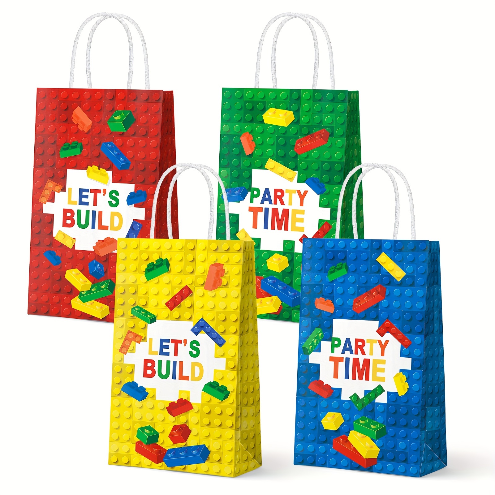 

16-piece Building Block Themed Paper Gift Bags With Handles - Colorful Party Favor & Goodie Treat Bags For Birthday Celebrations