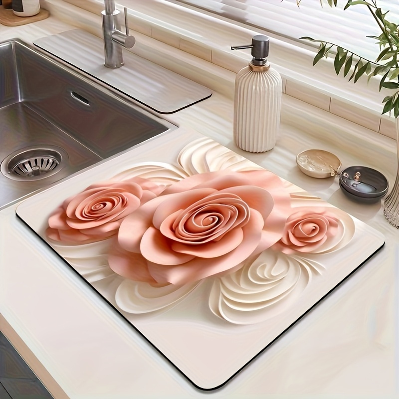 TEMU 1pc Luxury Floral Diatomite Drying Mat - Non-slip Quick-dry Absorbent Sink & Dish Drying Rack Mat Suitable, Bathroom, Coffee Machine, Bathtub -
