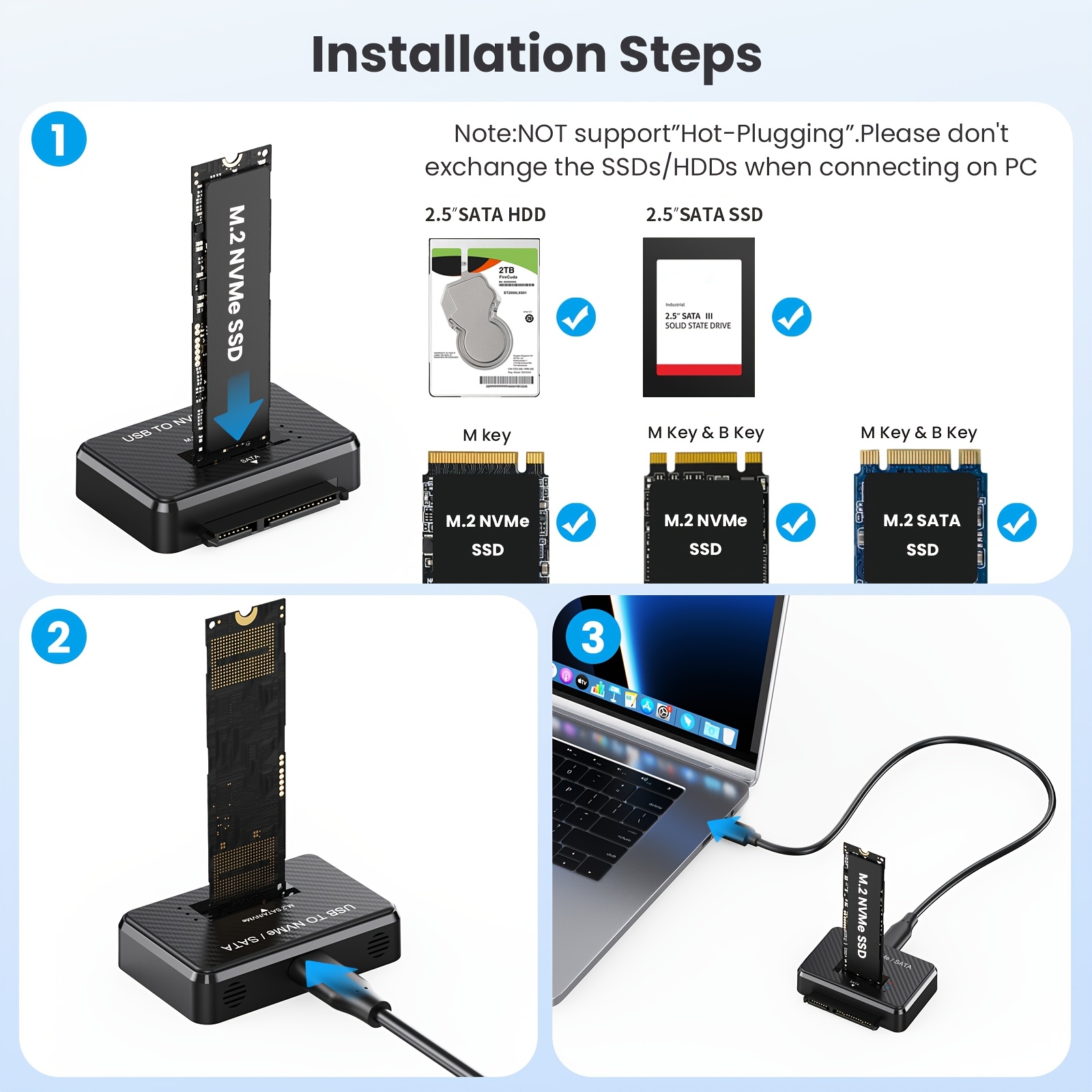 Station d'accueil portable pour NVMe vers USB 3.2 à 10 Gbps, conçue pour les SSD M.2. Cette boîtier externe prend en charge les SSD NVMe PCIe et SATA M.2, prenant en charge les tailles 2280, 2260, 2242 et 2230
