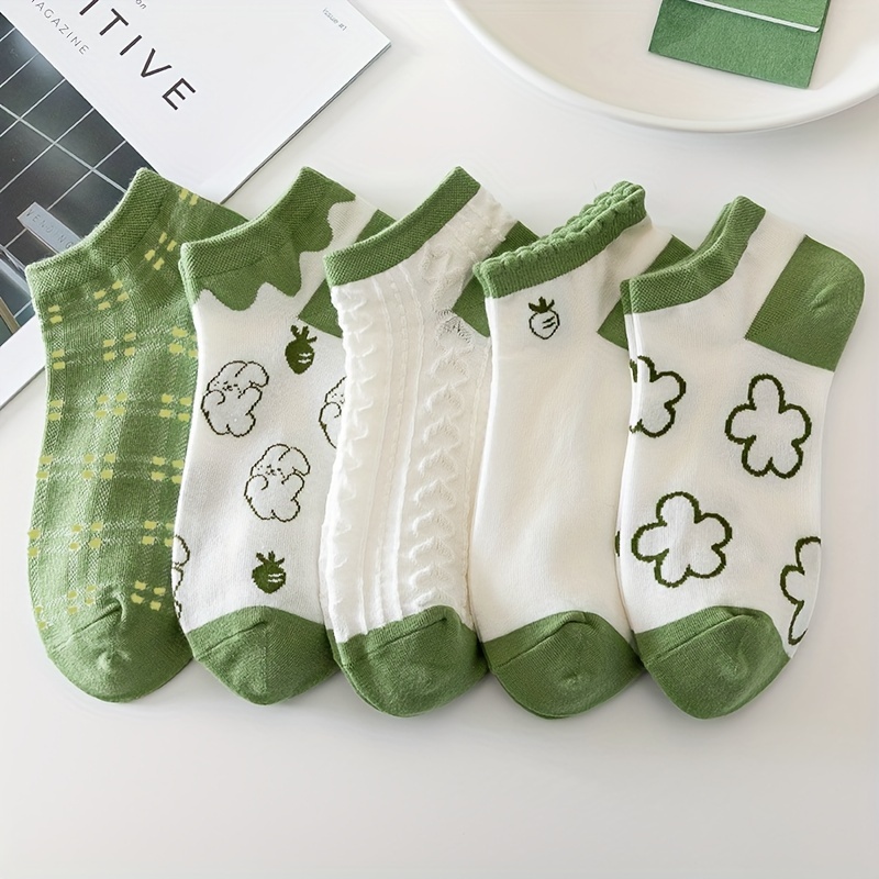 TEMU 5 Pairs Green Rabbit Socks, Sweet & Comfy Low Cut Short Socks, Women's Stockings & Hosiery